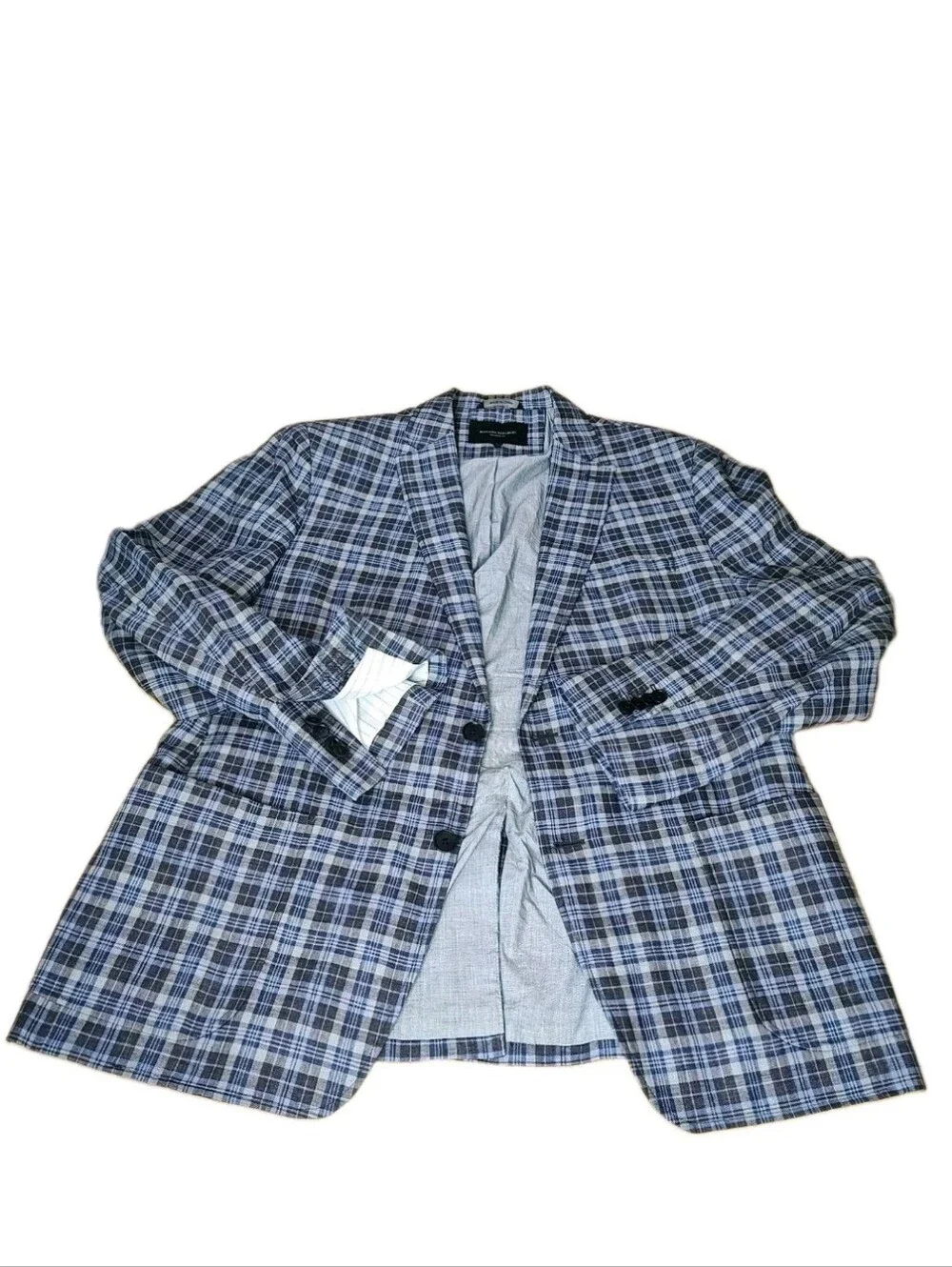 Banana Republic Men 44R Linen Blue Plaid Sports Coat Blazer Jacket Tailored Fit
